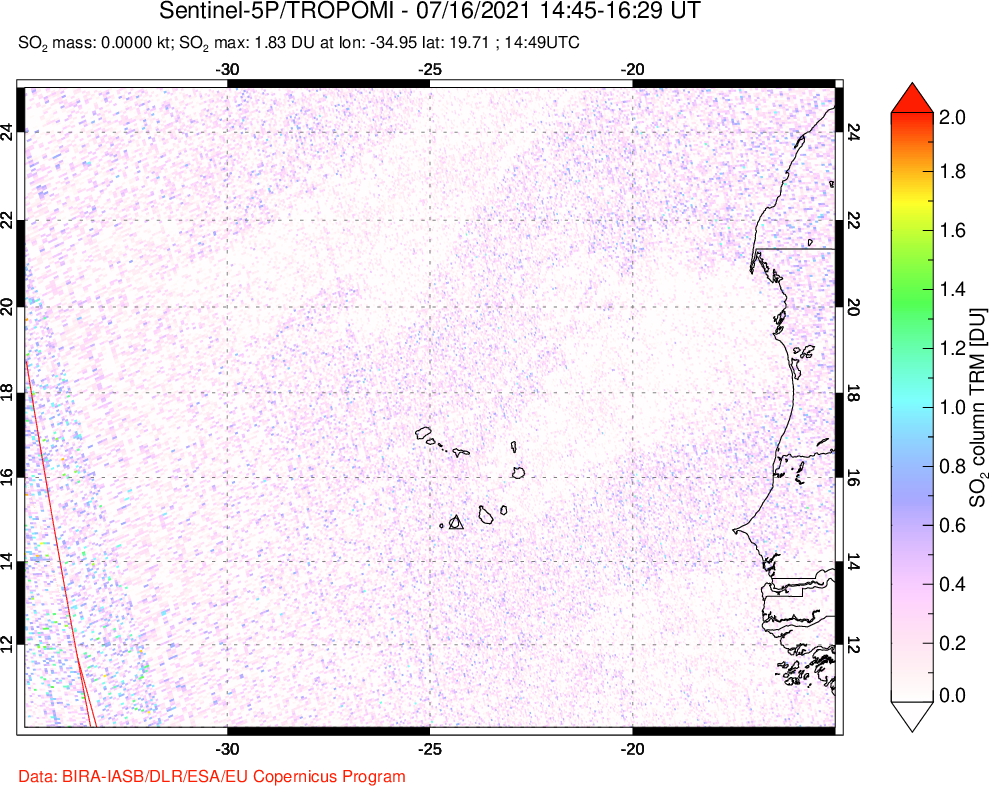 A sulfur dioxide image over Cape Verde Islands on Jul 16, 2021.