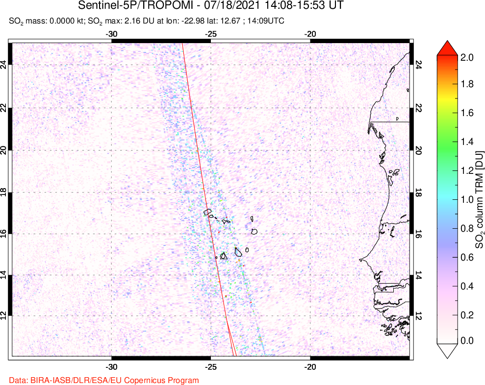 A sulfur dioxide image over Cape Verde Islands on Jul 18, 2021.