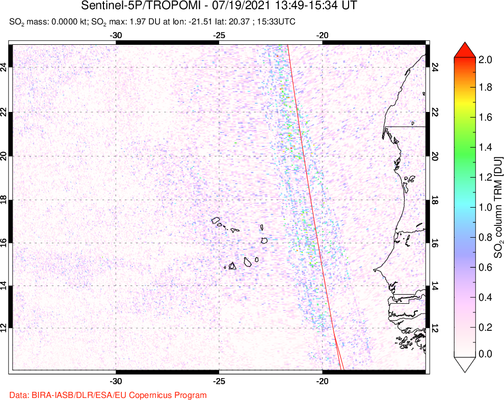 A sulfur dioxide image over Cape Verde Islands on Jul 19, 2021.