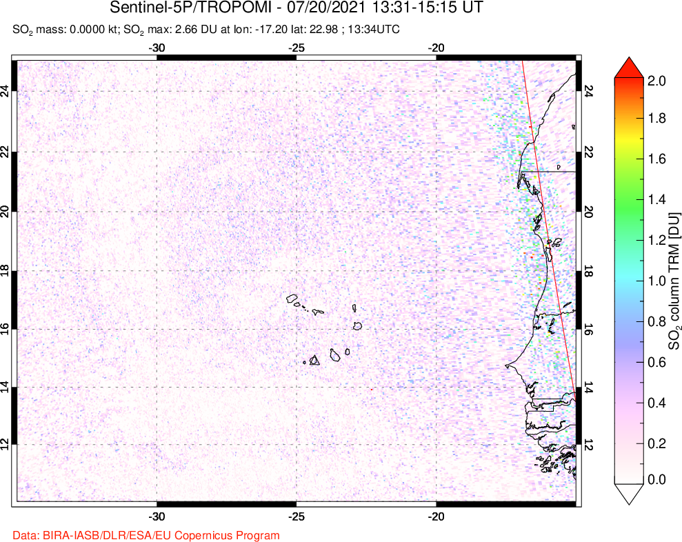 A sulfur dioxide image over Cape Verde Islands on Jul 20, 2021.
