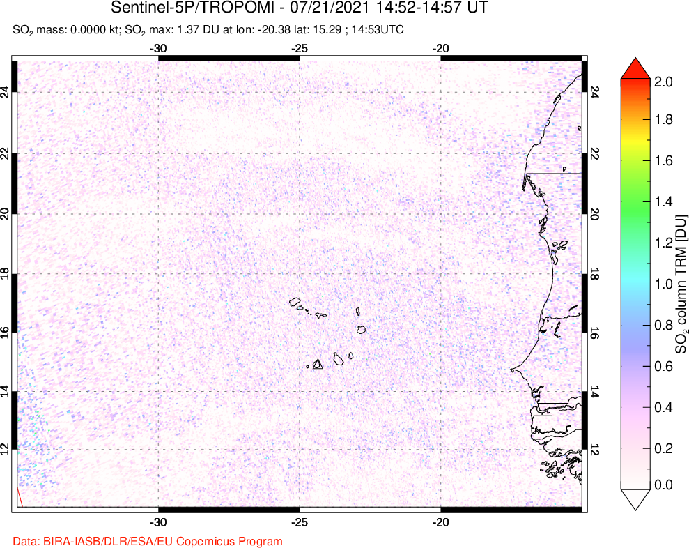 A sulfur dioxide image over Cape Verde Islands on Jul 21, 2021.