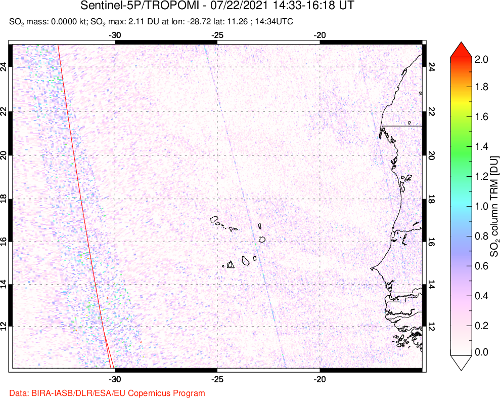A sulfur dioxide image over Cape Verde Islands on Jul 22, 2021.