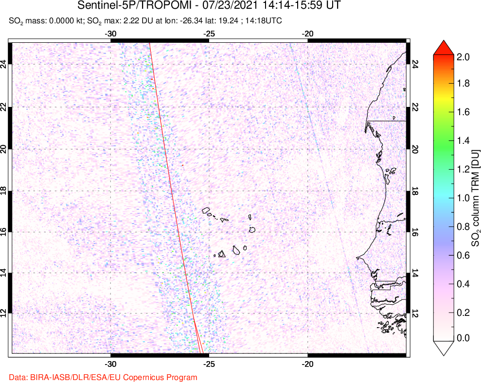 A sulfur dioxide image over Cape Verde Islands on Jul 23, 2021.