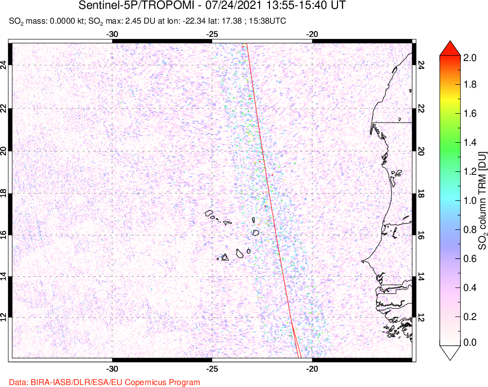 A sulfur dioxide image over Cape Verde Islands on Jul 24, 2021.