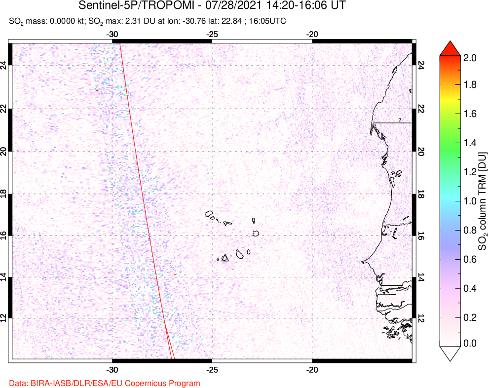 A sulfur dioxide image over Cape Verde Islands on Jul 28, 2021.