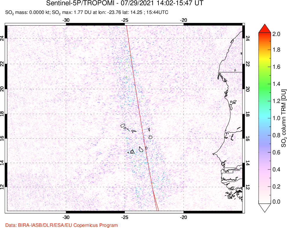 A sulfur dioxide image over Cape Verde Islands on Jul 29, 2021.