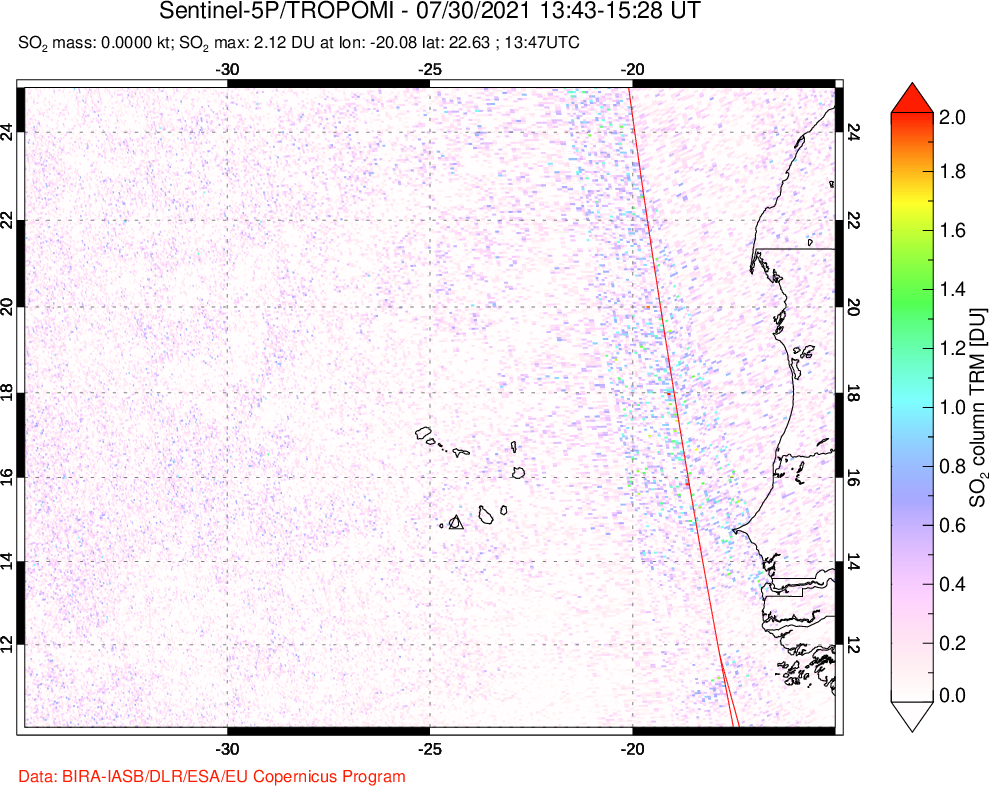 A sulfur dioxide image over Cape Verde Islands on Jul 30, 2021.