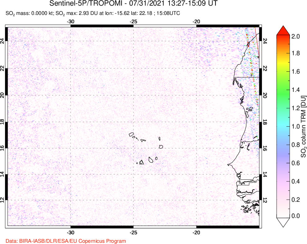 A sulfur dioxide image over Cape Verde Islands on Jul 31, 2021.