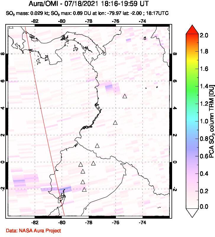 A sulfur dioxide image over Ecuador on Jul 18, 2021.