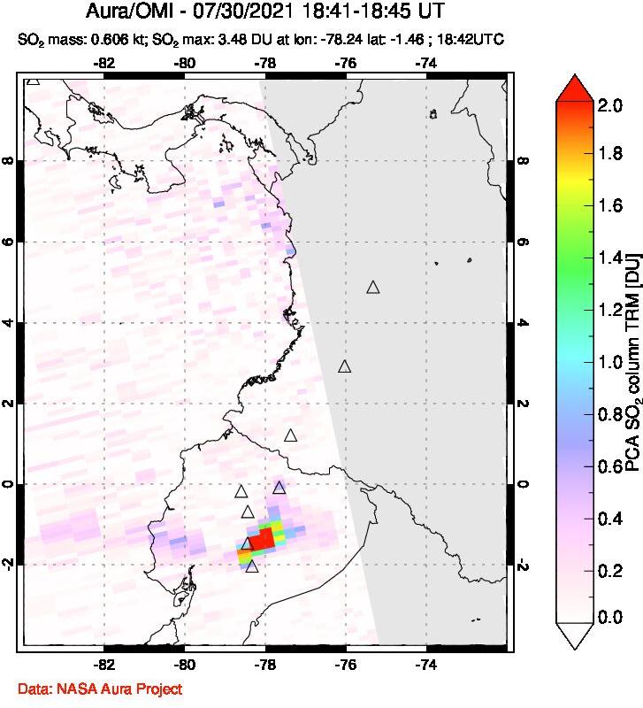 A sulfur dioxide image over Ecuador on Jul 30, 2021.