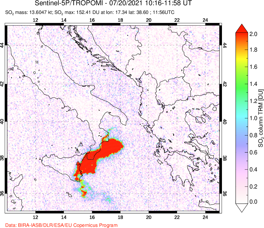 A sulfur dioxide image over Etna, Sicily, Italy on Jul 20, 2021.