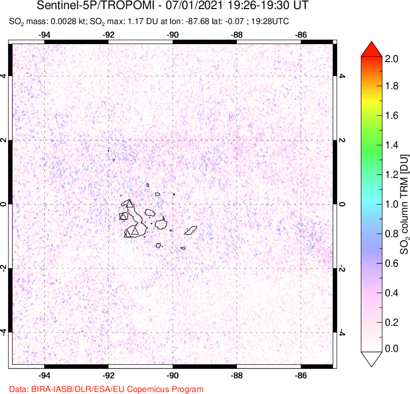 A sulfur dioxide image over Galápagos Islands on Jul 01, 2021.