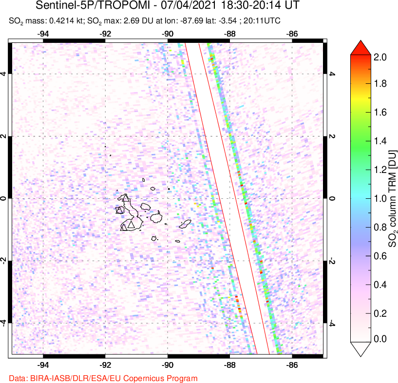 A sulfur dioxide image over Galápagos Islands on Jul 04, 2021.