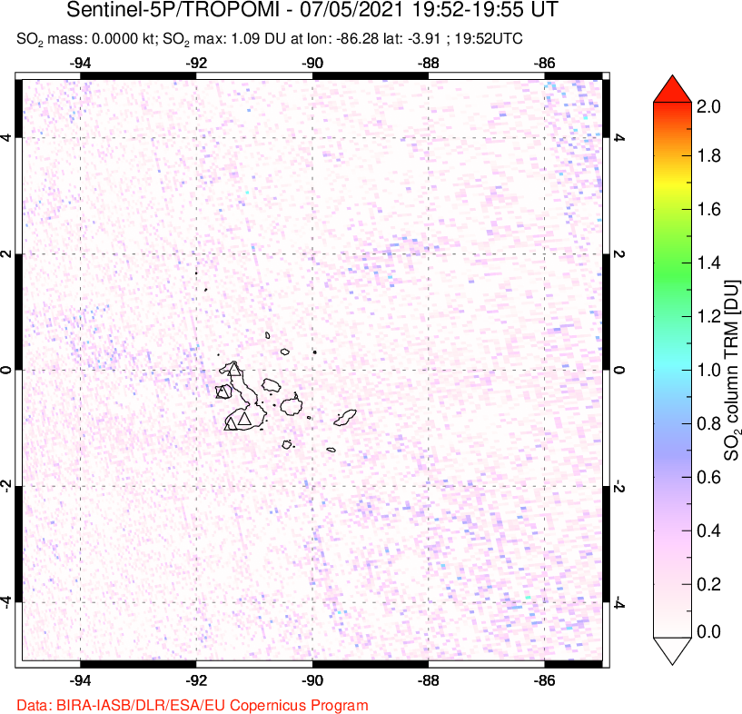 A sulfur dioxide image over Galápagos Islands on Jul 05, 2021.