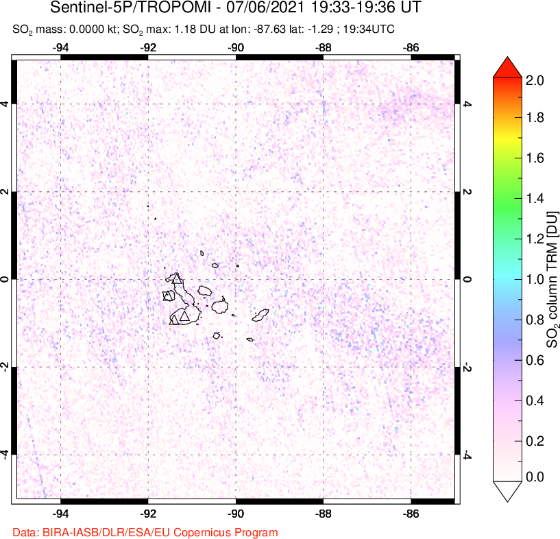 A sulfur dioxide image over Galápagos Islands on Jul 06, 2021.