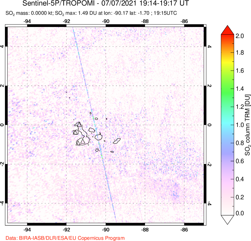 A sulfur dioxide image over Galápagos Islands on Jul 07, 2021.