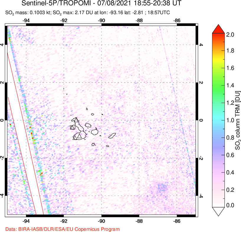 A sulfur dioxide image over Galápagos Islands on Jul 08, 2021.