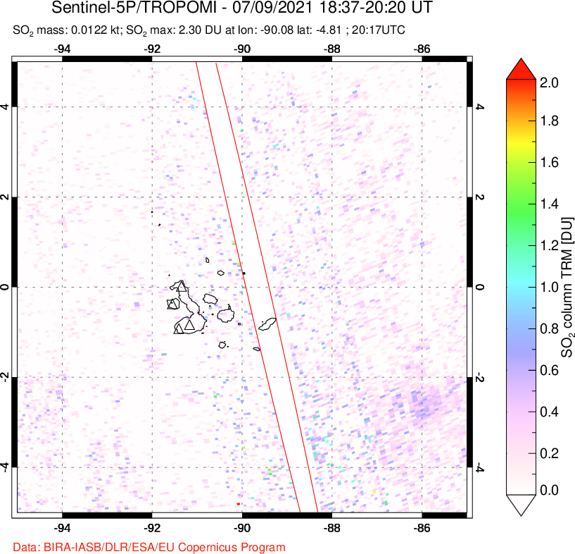 A sulfur dioxide image over Galápagos Islands on Jul 09, 2021.