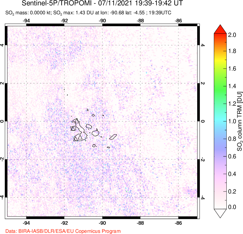 A sulfur dioxide image over Galápagos Islands on Jul 11, 2021.