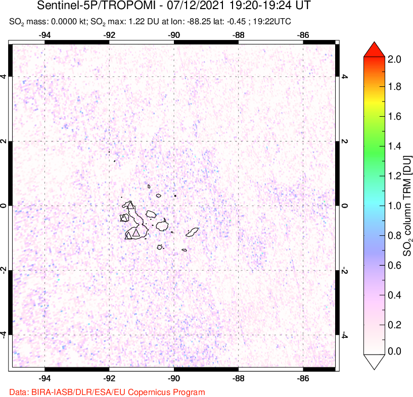 A sulfur dioxide image over Galápagos Islands on Jul 12, 2021.