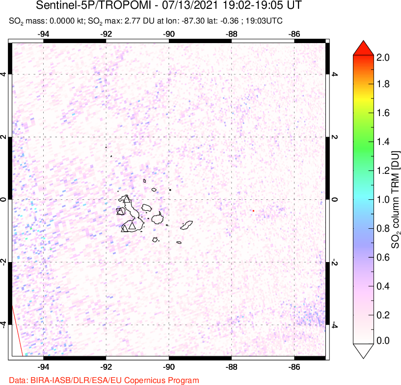 A sulfur dioxide image over Galápagos Islands on Jul 13, 2021.