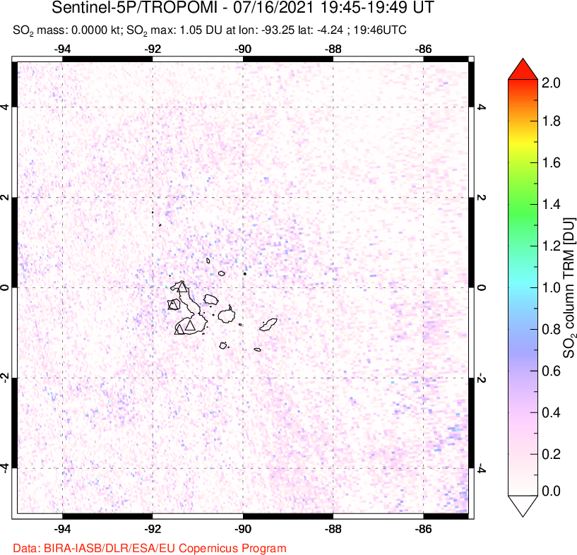 A sulfur dioxide image over Galápagos Islands on Jul 16, 2021.