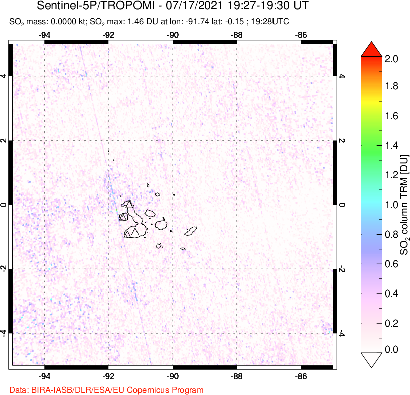 A sulfur dioxide image over Galápagos Islands on Jul 17, 2021.