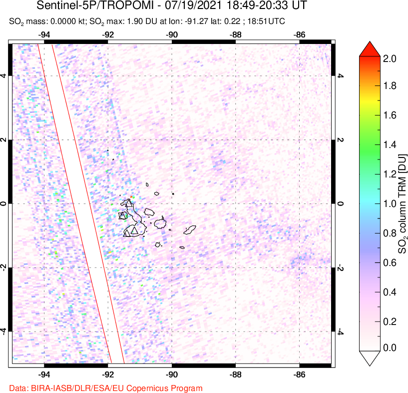 A sulfur dioxide image over Galápagos Islands on Jul 19, 2021.