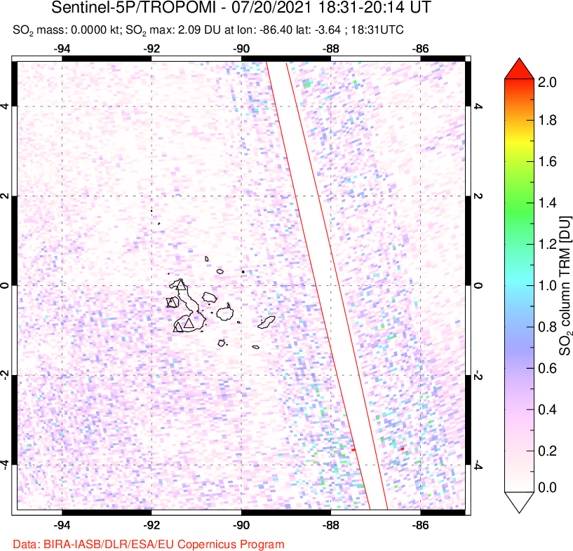 A sulfur dioxide image over Galápagos Islands on Jul 20, 2021.