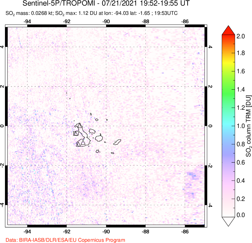 A sulfur dioxide image over Galápagos Islands on Jul 21, 2021.