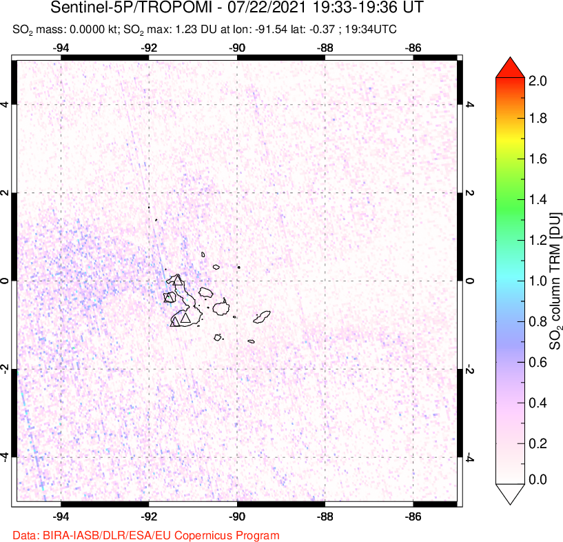 A sulfur dioxide image over Galápagos Islands on Jul 22, 2021.