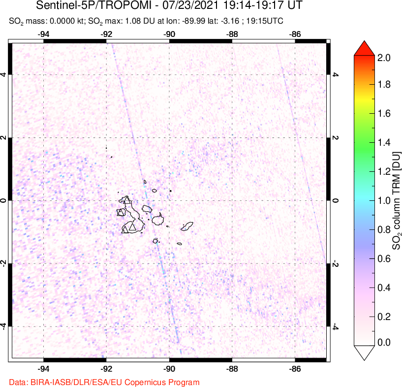 A sulfur dioxide image over Galápagos Islands on Jul 23, 2021.
