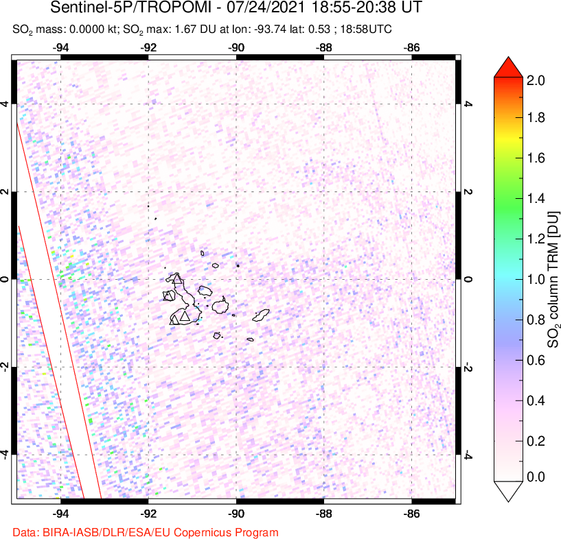 A sulfur dioxide image over Galápagos Islands on Jul 24, 2021.