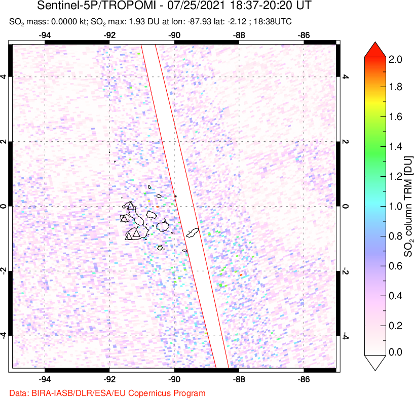 A sulfur dioxide image over Galápagos Islands on Jul 25, 2021.