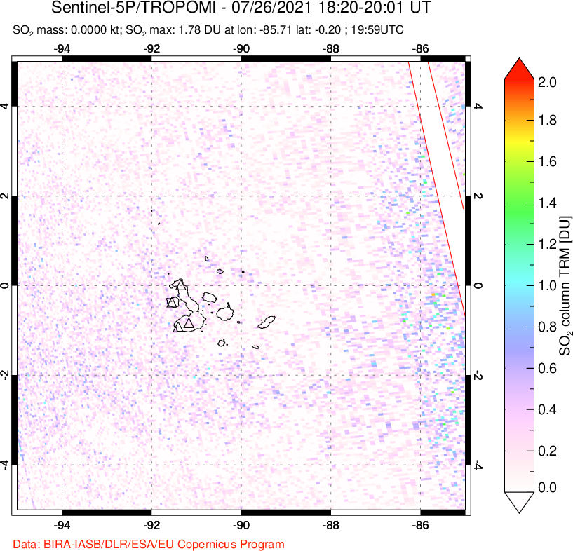 A sulfur dioxide image over Galápagos Islands on Jul 26, 2021.