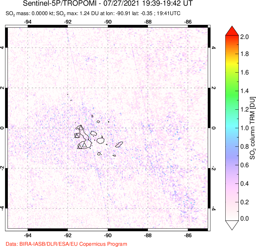 A sulfur dioxide image over Galápagos Islands on Jul 27, 2021.