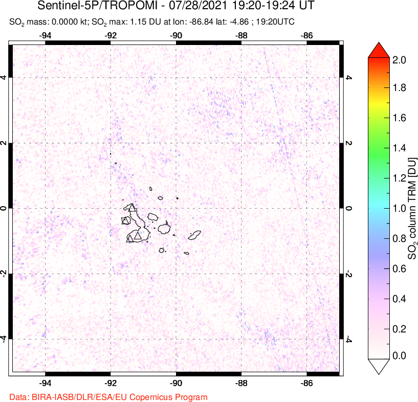 A sulfur dioxide image over Galápagos Islands on Jul 28, 2021.