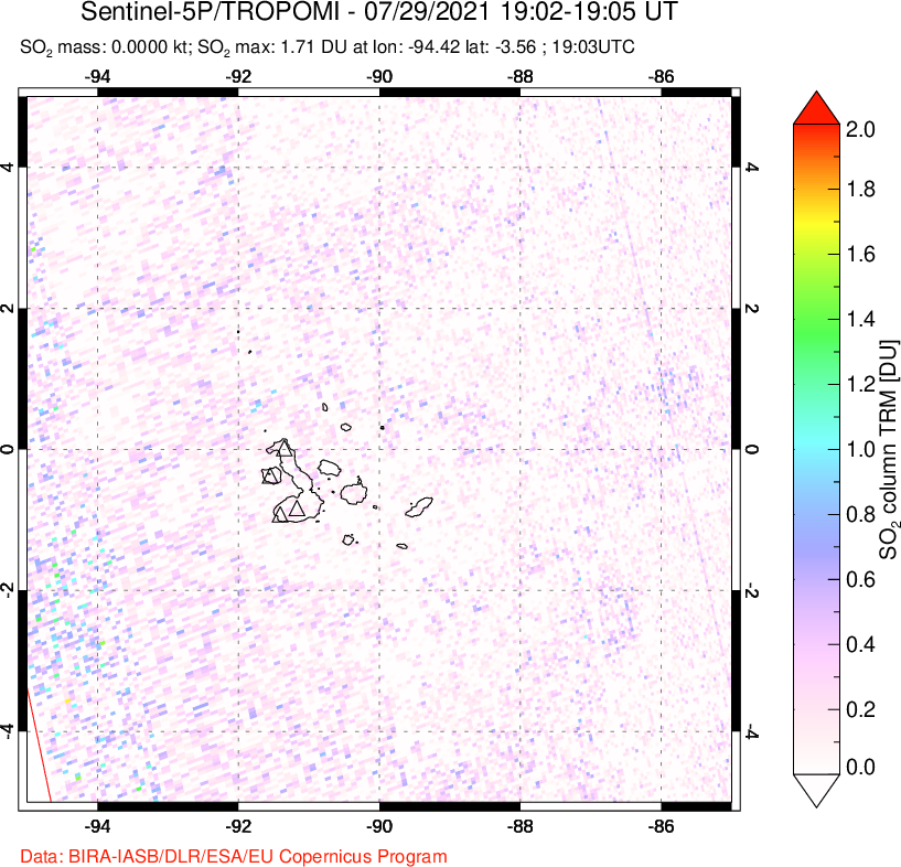 A sulfur dioxide image over Galápagos Islands on Jul 29, 2021.