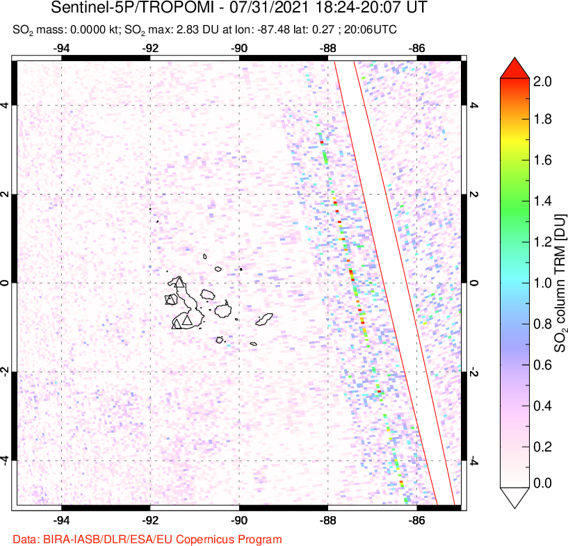 A sulfur dioxide image over Galápagos Islands on Jul 31, 2021.