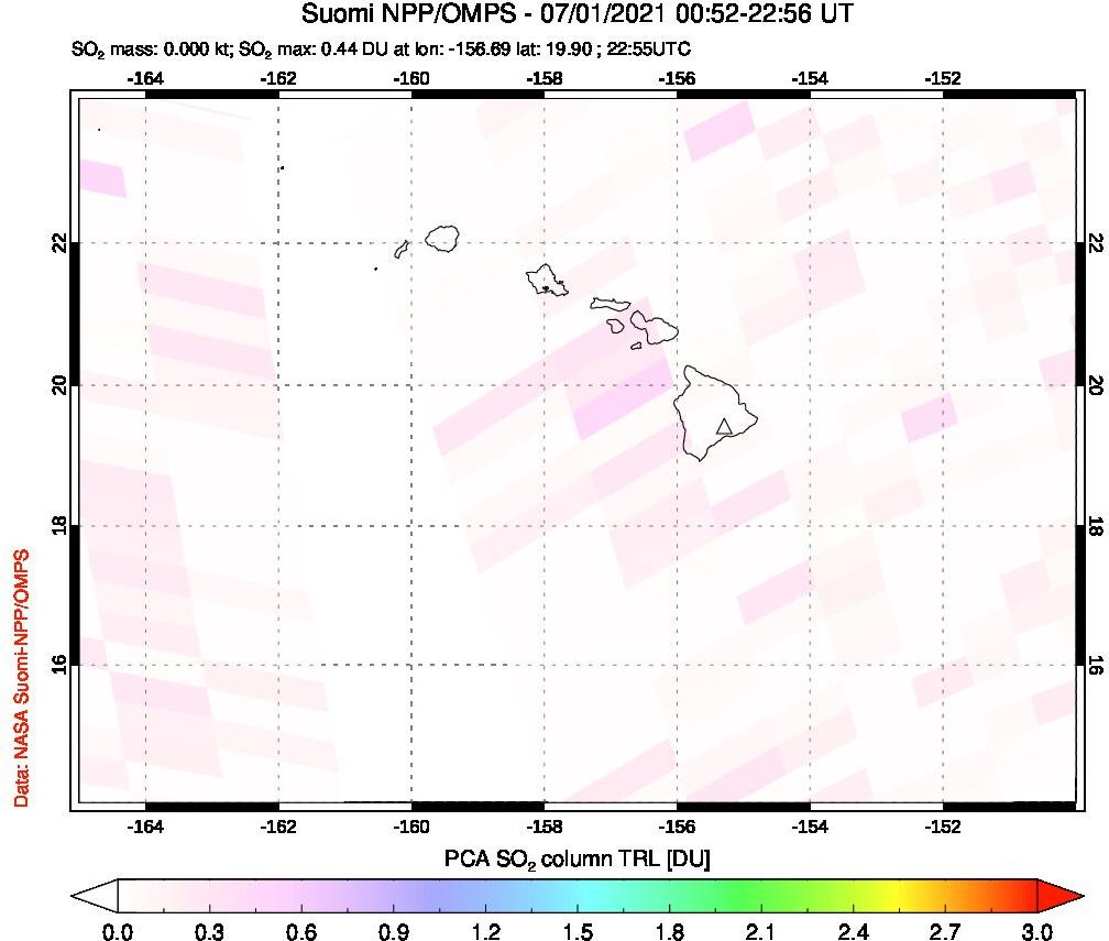 A sulfur dioxide image over Hawaii, USA on Jul 01, 2021.