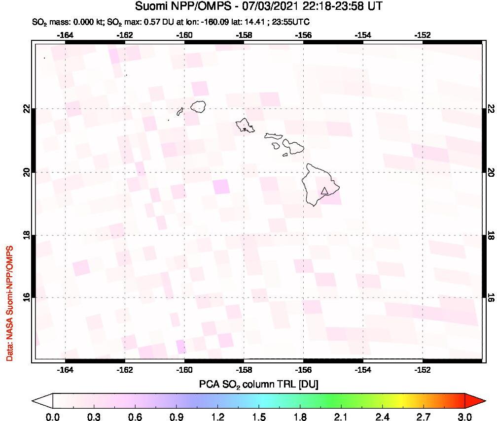 A sulfur dioxide image over Hawaii, USA on Jul 03, 2021.