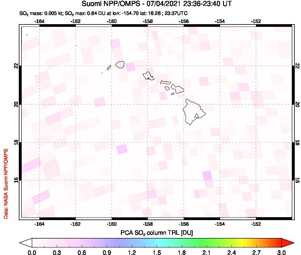A sulfur dioxide image over Hawaii, USA on Jul 04, 2021.