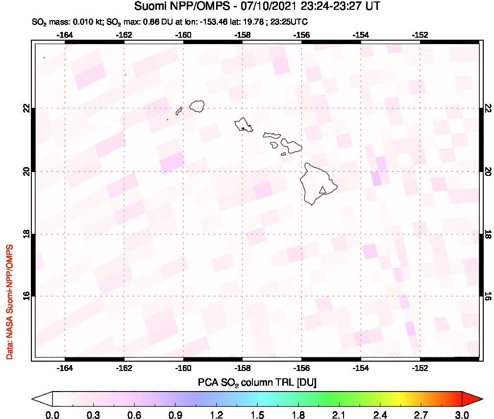 A sulfur dioxide image over Hawaii, USA on Jul 10, 2021.