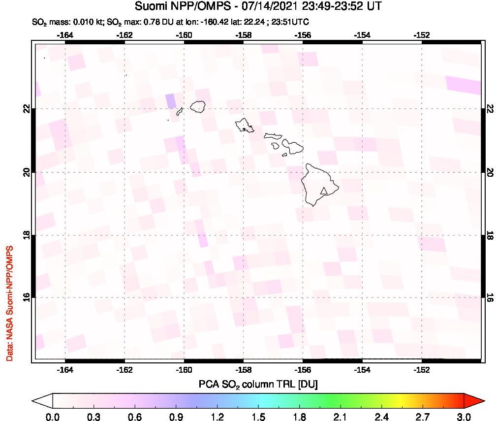 A sulfur dioxide image over Hawaii, USA on Jul 14, 2021.