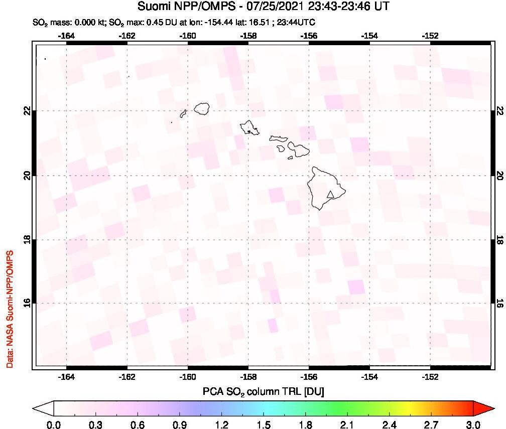 A sulfur dioxide image over Hawaii, USA on Jul 25, 2021.