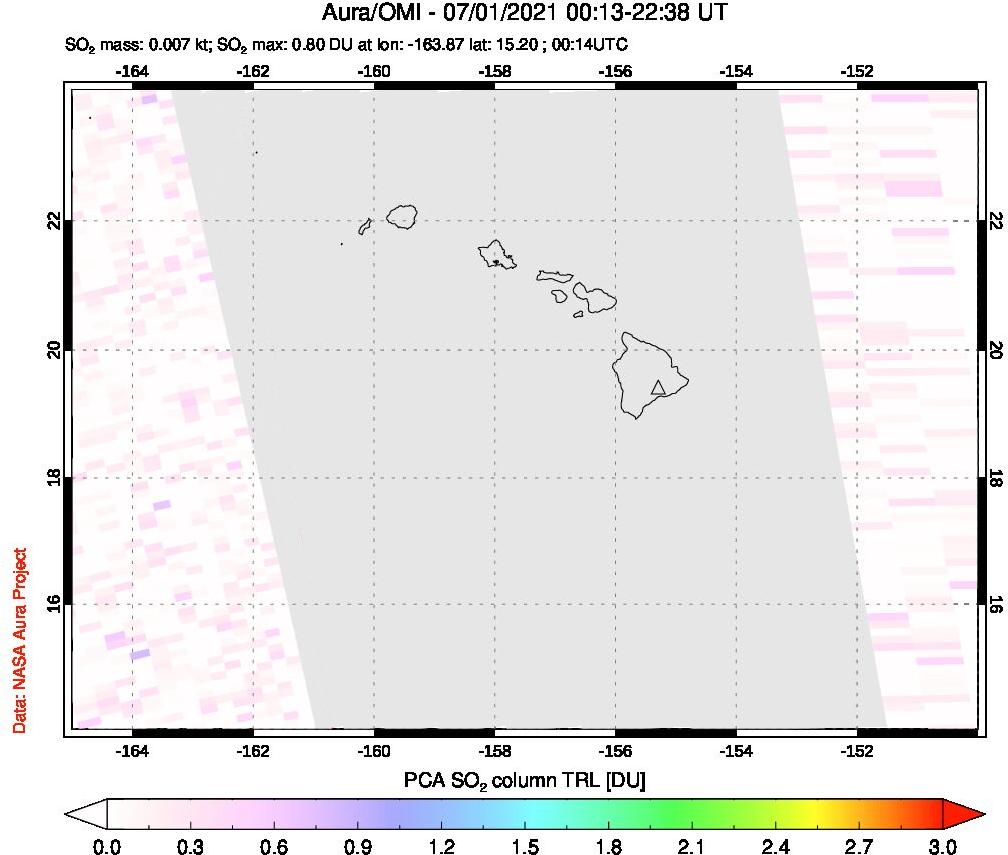 A sulfur dioxide image over Hawaii, USA on Jul 01, 2021.