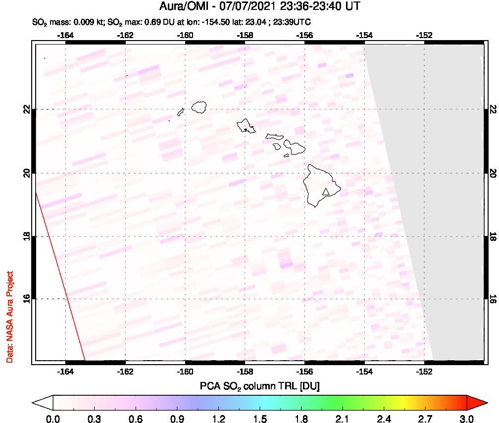 A sulfur dioxide image over Hawaii, USA on Jul 07, 2021.