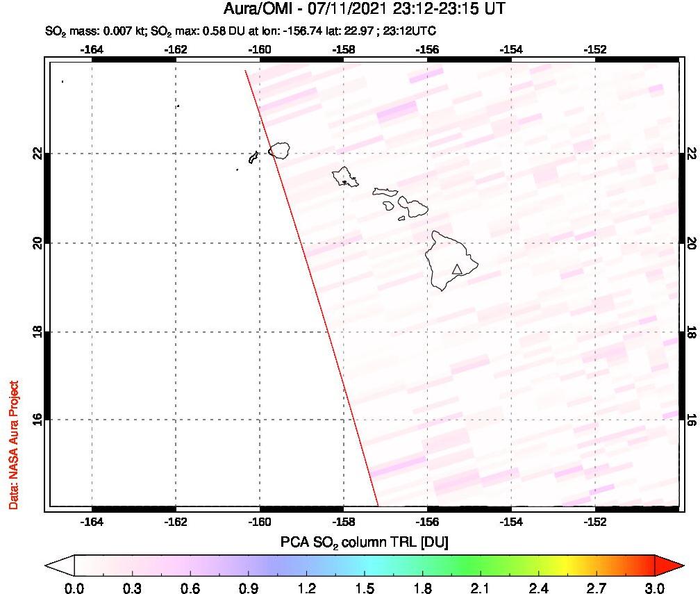 A sulfur dioxide image over Hawaii, USA on Jul 11, 2021.