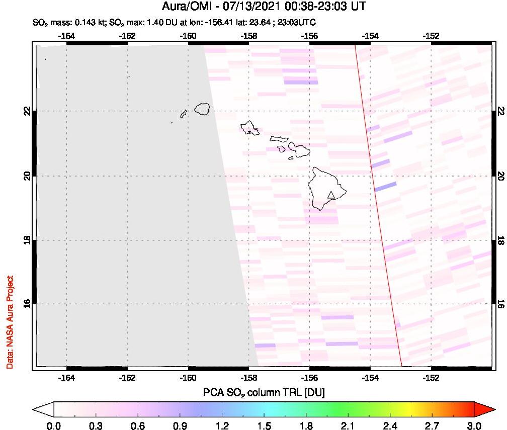 A sulfur dioxide image over Hawaii, USA on Jul 13, 2021.