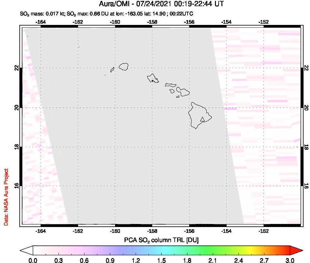 A sulfur dioxide image over Hawaii, USA on Jul 24, 2021.